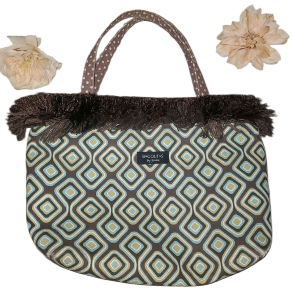 Bagolitas by Janice- Cloth Purse- Fringe Dark Brown, Blue, Green, Squares/Dots